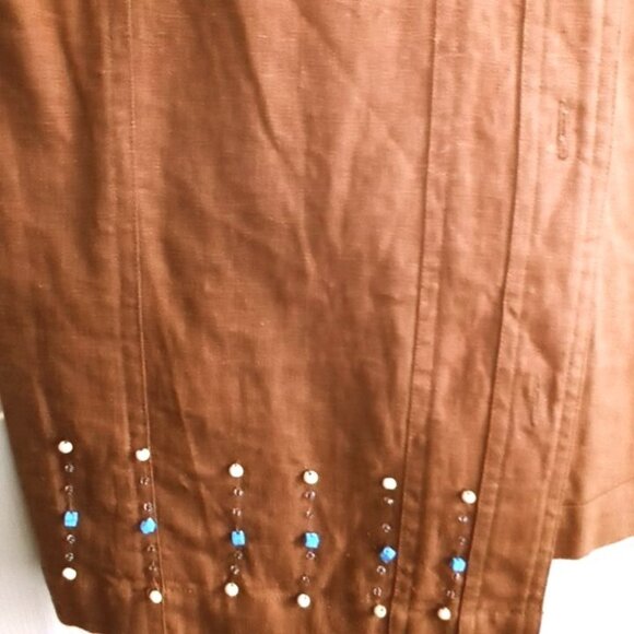 Button Up Brown Blouse Top Beads Size Large Linen Blend Short Sleeve - Picture 6 of 7